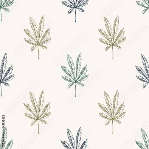 Vector simple Seamless pattern of hemp plant on a beige background cannabis texture