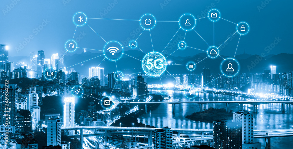 Wireless communication network concept.Panorama of Modern City