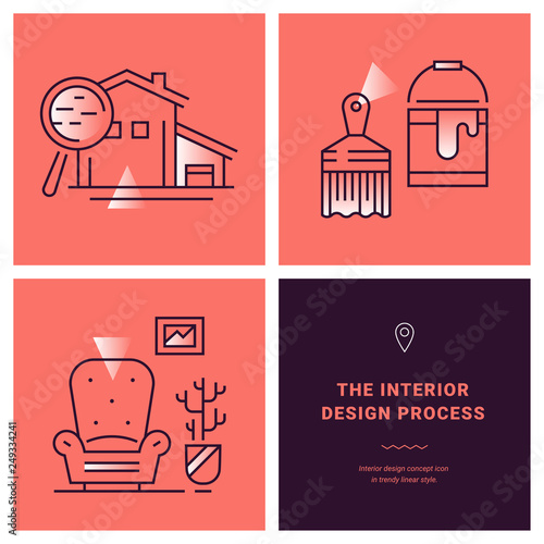 Infographic banner of interior design process. Concept interior design in line icon style. Building process illustration. Trendy vector thin graphics. App template on dark background.