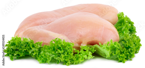Raw chicken breast fillets with lettuce isolated on white background
