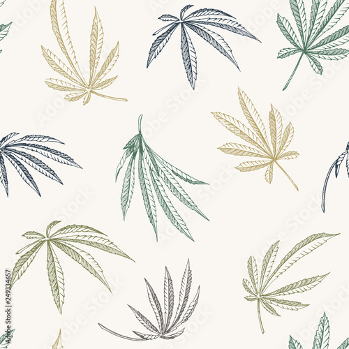 Vector colorful Seamless pattern of hemp plant on a beige background cannabis texture
