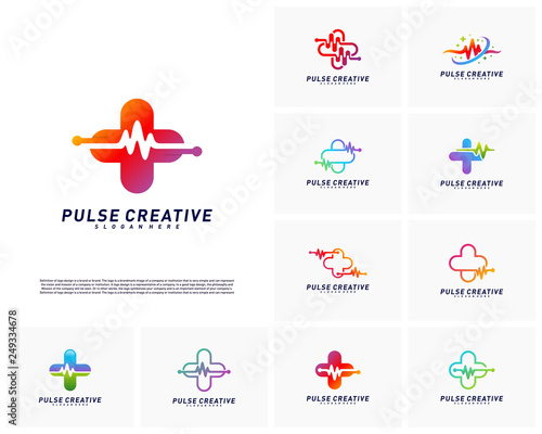 Set of Plus Medical Pulse logo design concept. Healthcare Pulse logo template vector. Icon Symbol