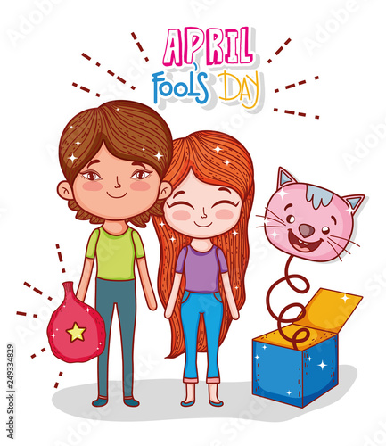 boy and girl with cat box to fools day