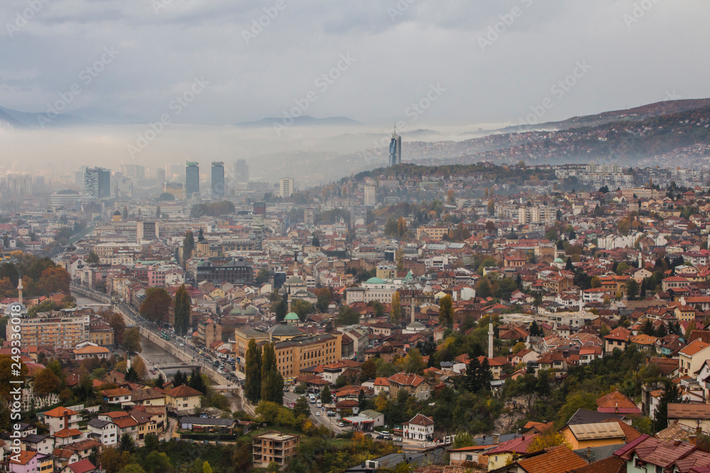 View from the high point to Sarajevo in the mist in the morning. Bosnia and Herzegovina