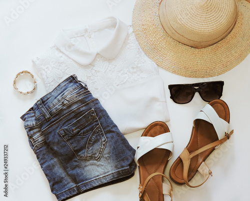 Women's fashion clothes and accessories on white background. Top view. Summer casual style. Modern woman clothes and accessories collage. Dress, sunglasses, hat. Beauty blog concept. Woman clothes. Stock Photo | Adobe Stock