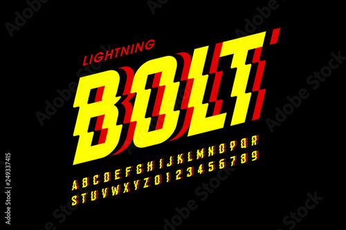 Lightning bolt style font design, alphabet letters and numbers