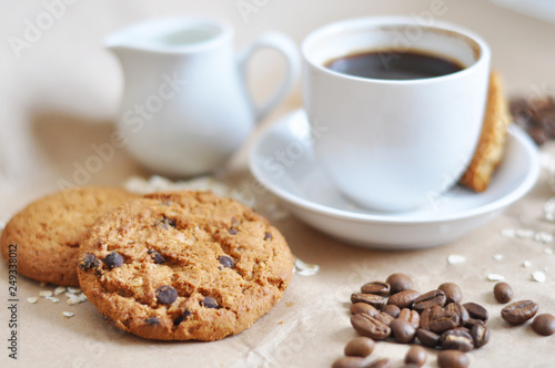 cup of coffee and chocolate chips cookies
