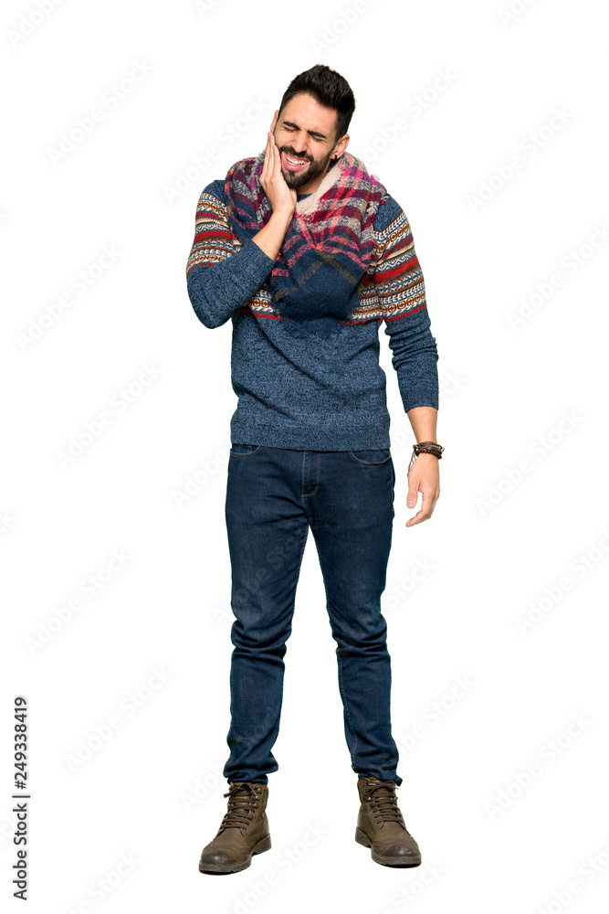 Full-length shot of Hippie man with toothache on isolated white background Full-length shot of Hippie man with toothache on isolated white background