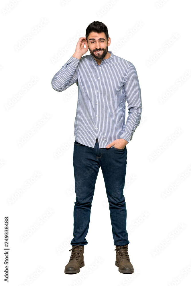 Full-length shot of Elegant man with shirt having doubts on isolated white background Full-length shot of Elegant man with shirt having doubts on isolated white background