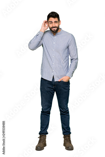 Full-length shot of Elegant man with shirt having doubts on isolated white background