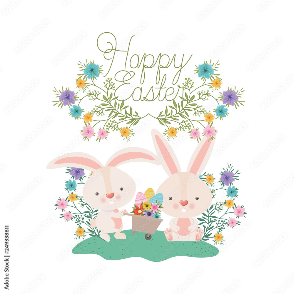 Fototapeta premium happy easter label with egg and flowers icon