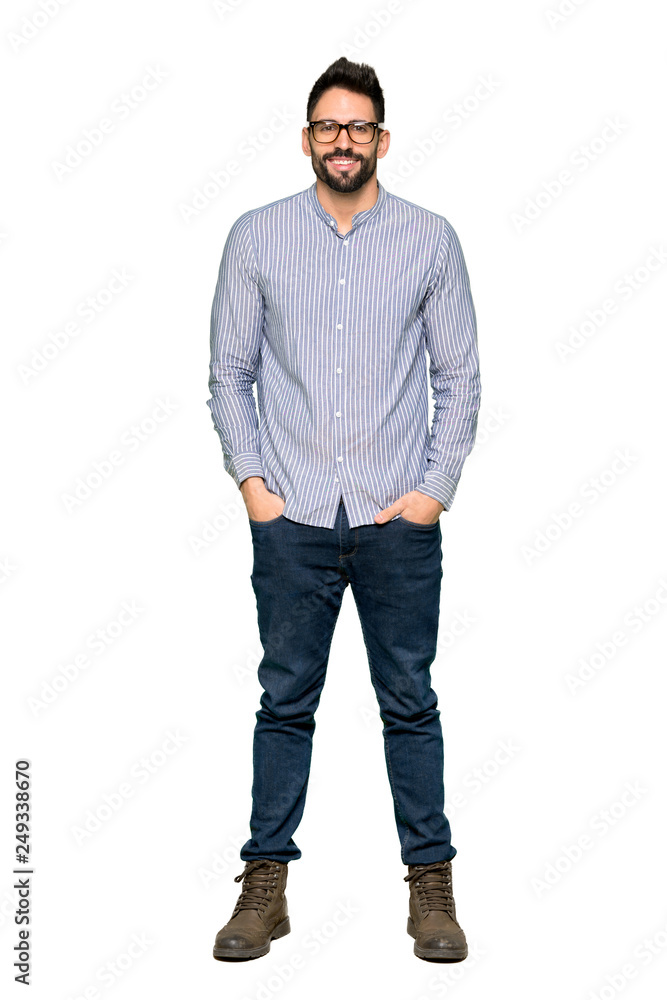 Full-length shot of Elegant man with shirt with glasses and happy on isolated white background Full-length shot of Elegant man with shirt with glasses and happy on isolated white background