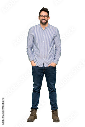 Full-length shot of Elegant man with shirt with glasses and happy on isolated white background