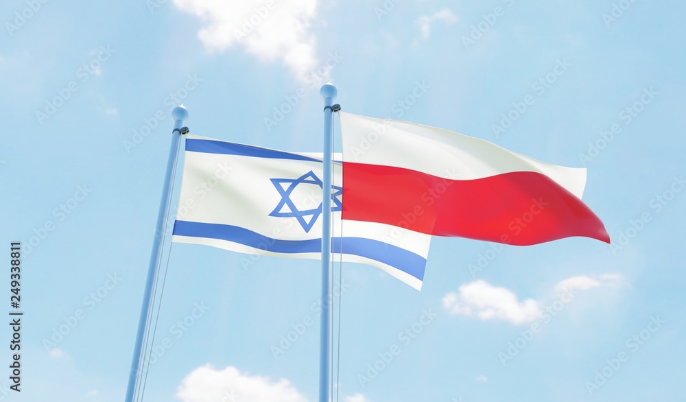 Poland and Israel, two flags waving against blue sky. 3d image Poland and Israel, two flags waving against blue sky. 3d image