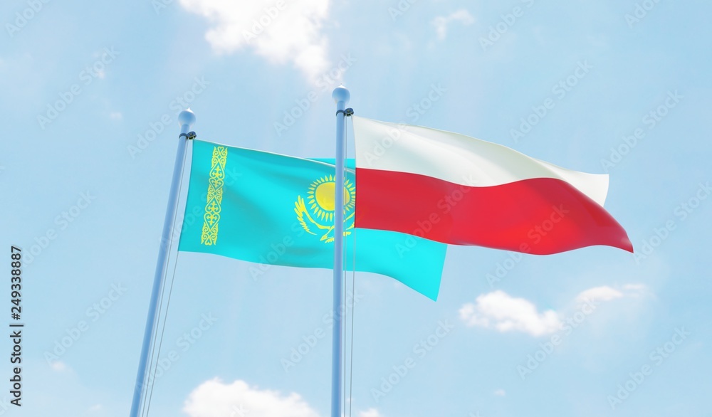 Poland and Kazakhstan, two flags waving against blue sky. 3d image Poland and Kazakhstan, two flags waving against blue sky. 3d image