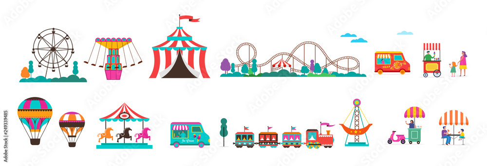 Amusement park with carousels, air balloons and roller coaster. Circus, Fun fair and Carnival icon set Amusement park with carousels, air balloons and roller coaster. Circus, Fun fair and Carnival icon set