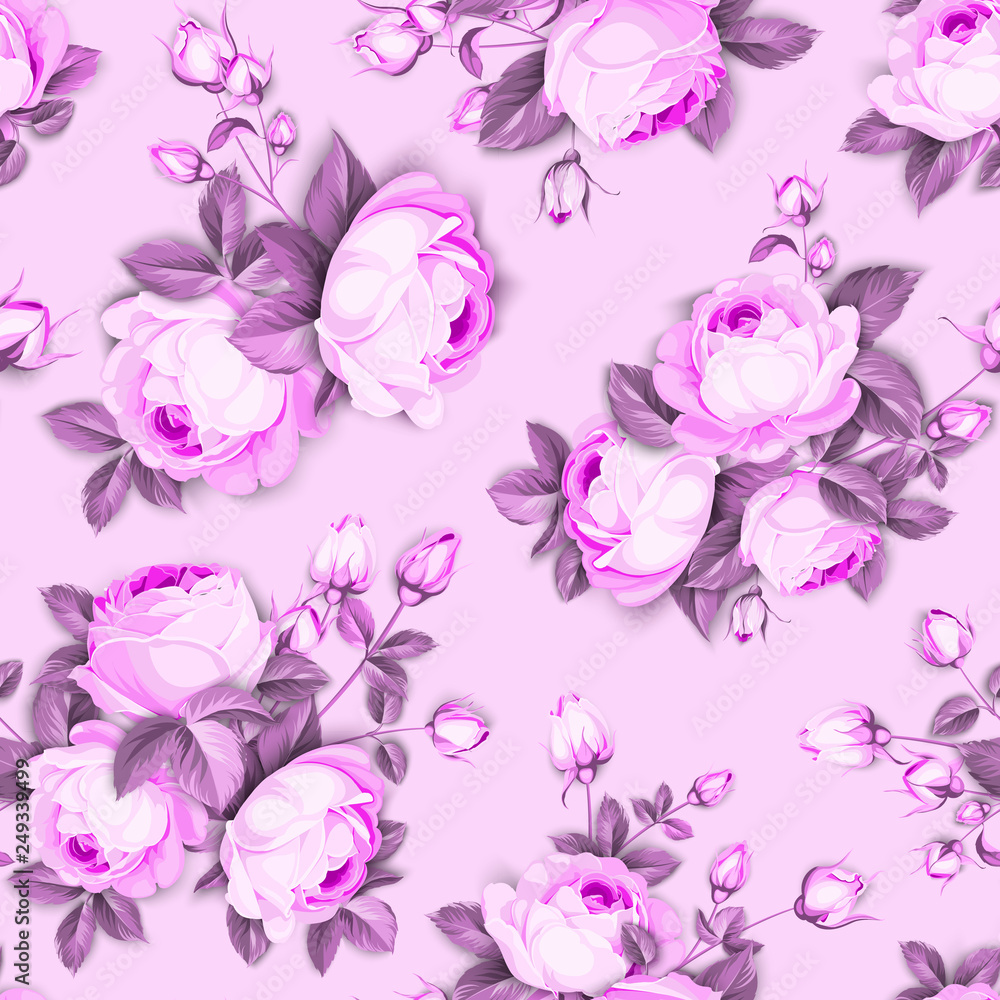 The Rose seamless background. Red Roses flowers on wallpaper, seamless pattern template. Vector illustration.
