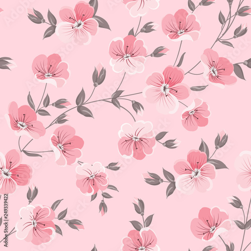 Linum seamless pattern for fabric swatches. Pattern with red flowers and small leaves. Vector illustration.