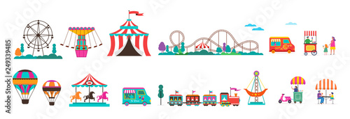 Amusement park with carousels, air balloons and roller coaster. Circus, Fun fair and Carnival icon set