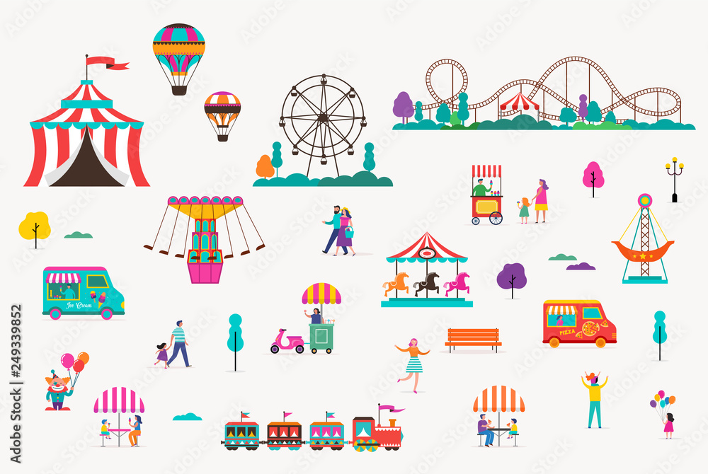 Amusement park with carousels, air balloons and roller coaster. Circus, Fun fair and Carnival icon set