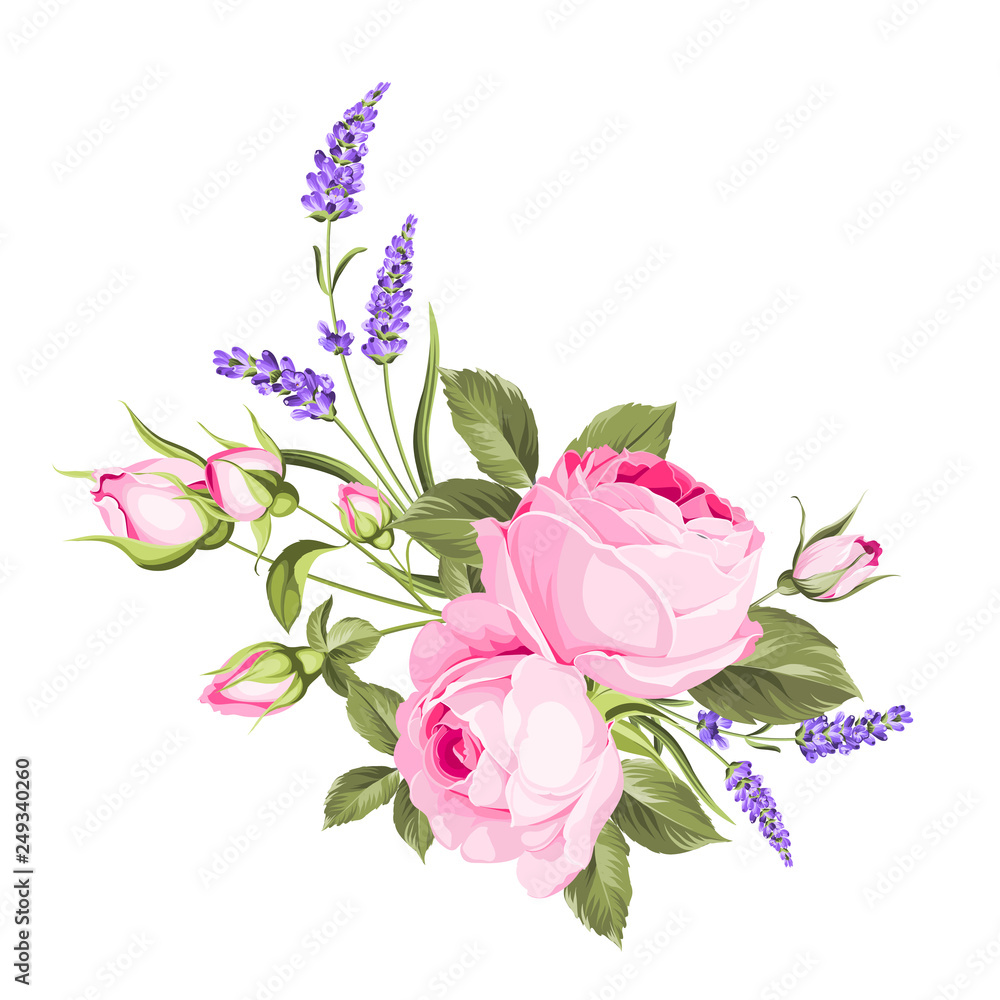 Wedding flowers bouquet of color bud garland. Label with rose and lavender flowers. Vector illustration.