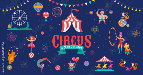 Circus banner and background with tent, monkey, air balloons, gymnastics, elephant on ball, lion, jugger and clown. Vector illustration
