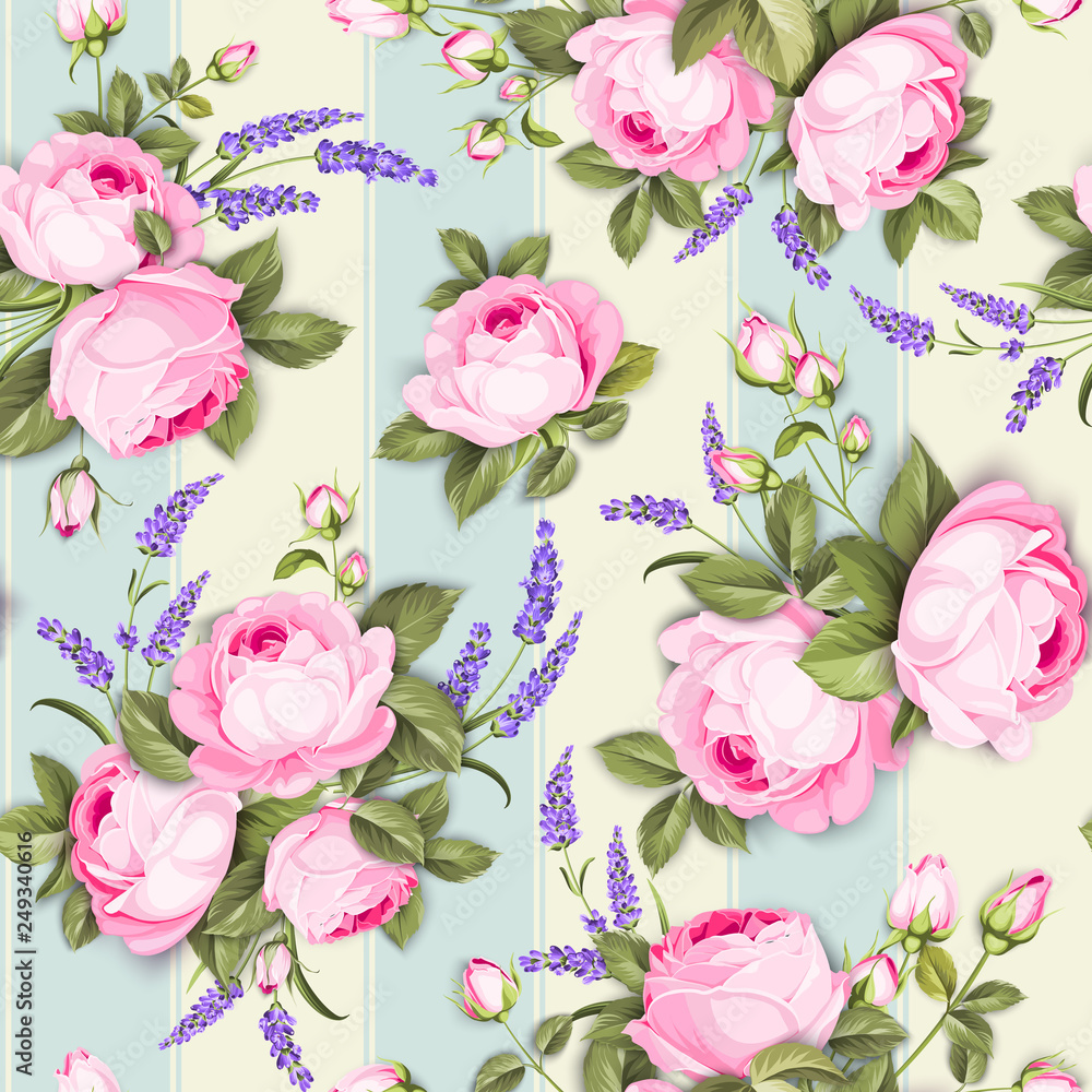 Provece lavender and pink roses floral wallpaper. Awesome design seamless pattern. Elegant rose pattern on blue tile background. Vector illustration. Provece lavender and pink roses floral wallpaper. Awesome design seamless pattern. Elegant rose pattern on blue tile background. Vector illustration.