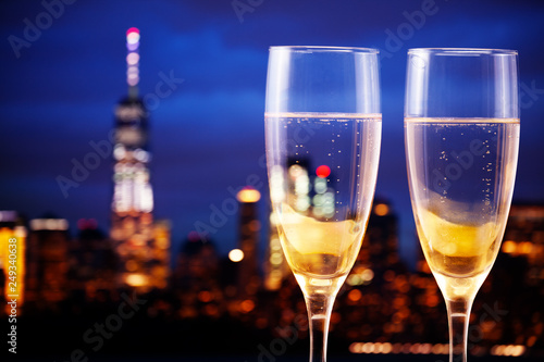 Photography New York panorama night and glasses of champagne