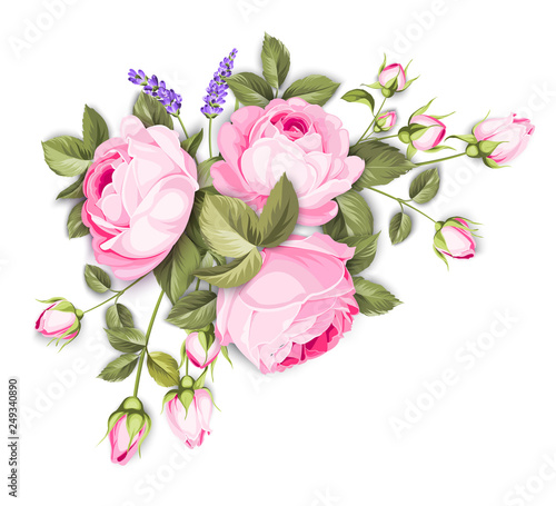 Spring flowers bouquet of color bud garland. Label with rose flowers. Bouquet of aromatic lavender flowers. Invitation card template with violet flowers of lavender. Vector illustration.