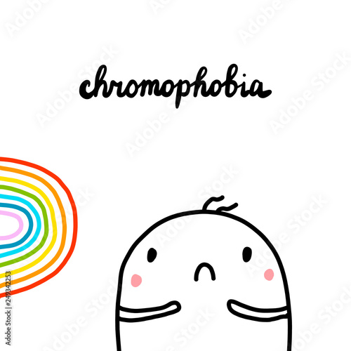 Chromophobia hand drawn illustration with cute marshmallow and rainbow