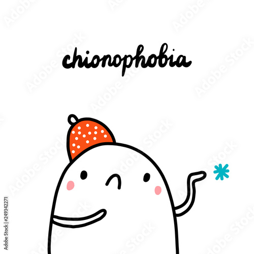 Chionophobia hand drawn illustration with cute marshmallow touching snow