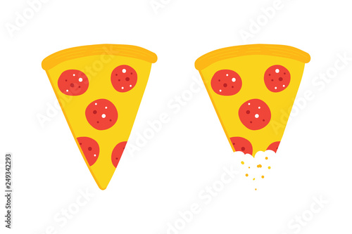 Two vector pepperoni pizza slices, whole and with teeth bite mark.