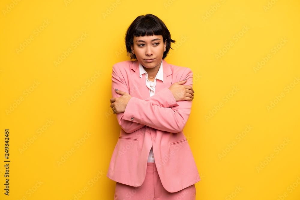 Fototapeta premium Young woman with short hair freezing