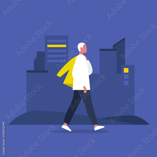 Young modern male character walking with jacket over shoulder