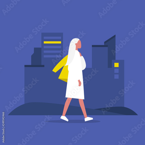 Young modern female character walking with jacket over shoulder. Lifestyle. Big city life. Flat editable vector illustration, clip art