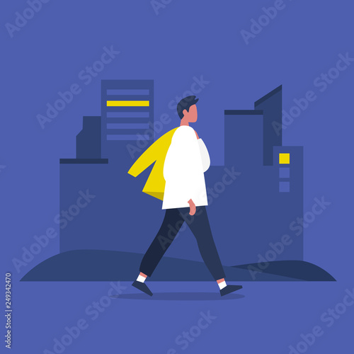 Young modern male character walking with jacket over shoulder. Lifestyle. Big city life. Flat editable vector illustration, clip art
