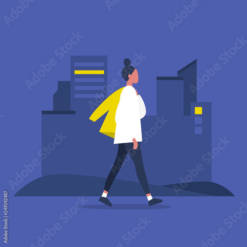 Young modern female character walking with jacket over shoulder. Lifestyle. Big city life. Flat editable vector illustration, clip art