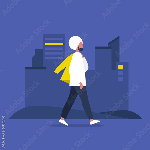 Young modern indian character walking with jacket over shoulder. Lifestyle. Big city life. Flat editable vector illustration, clip art