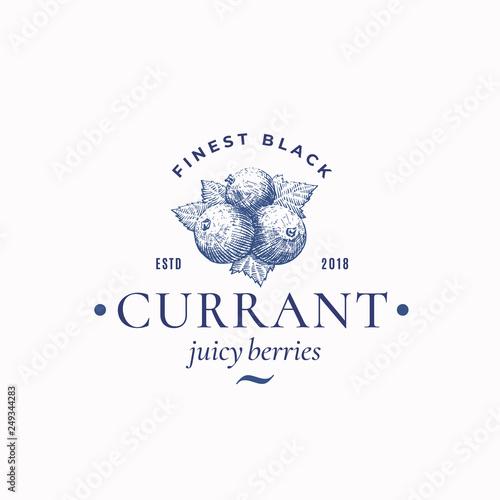 Finest Black Currant Abstract Vector Sign, Symbol or Logo Template. Hand Drawn Juicy Berries with Leaves Sketch and Retro Typography. Vintage Engraving Style Emblem.