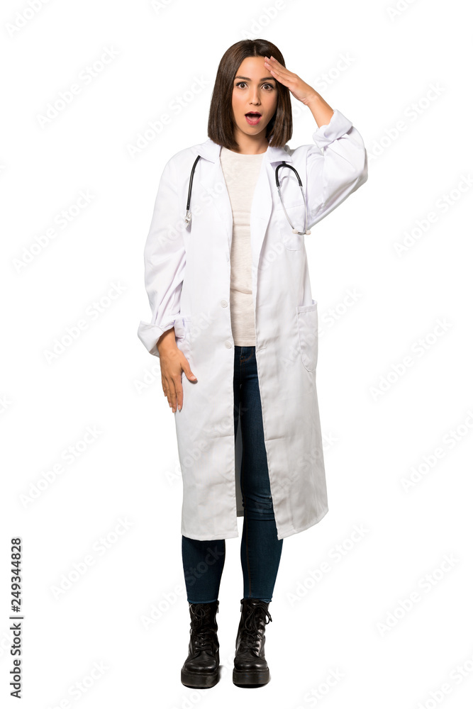 A full-length shot of a Young doctor woman has just realized something and has intending the solution over isolated white background A full-length shot of a Young doctor woman has just realized something and has intending the solution over isolated white background