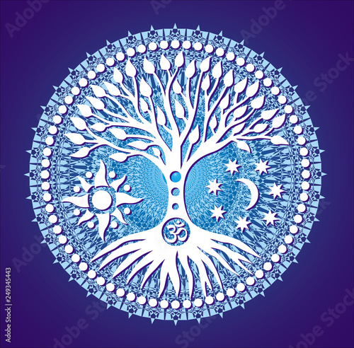 Mandala Tree of Life. Symbolic tree on blue tracery background. Symbols of the sun, moon and aum / om / ohm sign. Vector graphics.