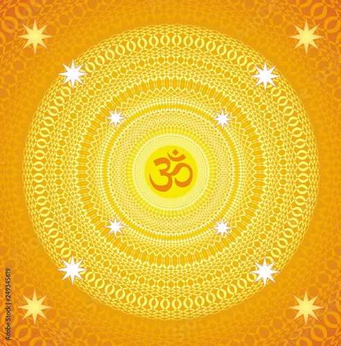 Openwork square mandala with Aum / Ohm / Om sign in the center. Circular ornament in blue tones. Vector graphics.