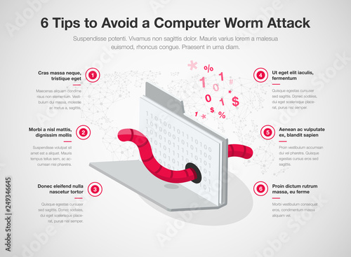 Simple infographic for 6 protection tips to avoid a computer worm attack template isolated on light background. Easy to use for your website or presentation.