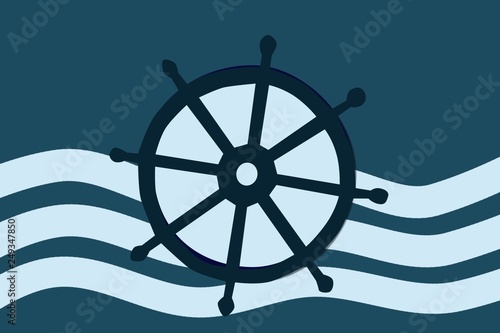 Tableau sur toile Flat blue water, marine greeting card with steering wheel,Travelconcept