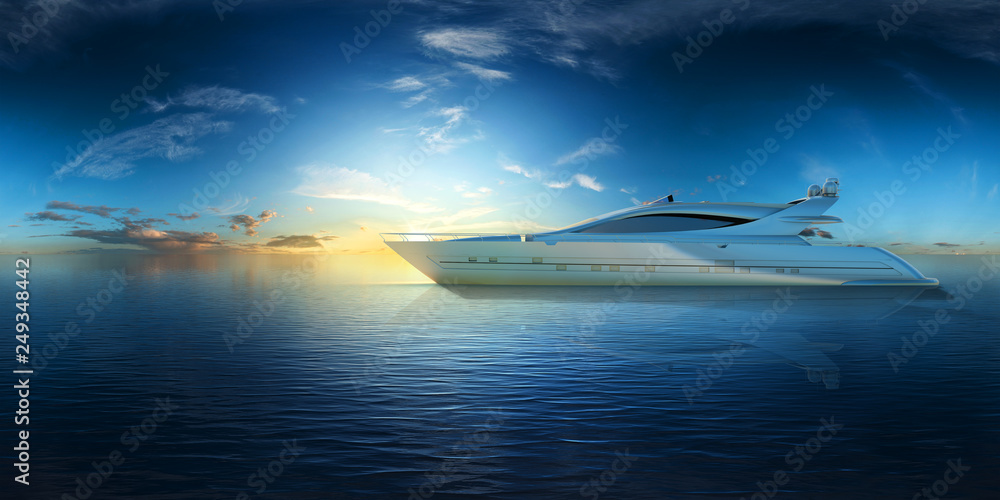 Naklejka premium superyacht auf dem ozean bei sonnenaufgang vr 360° 3d render