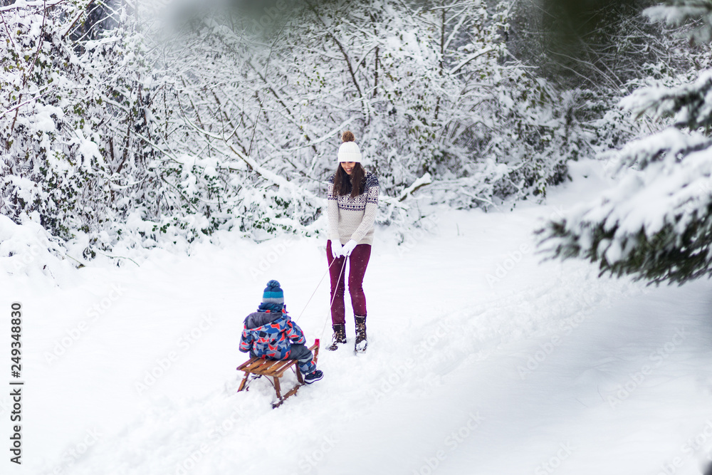 Mother and son sledding at winter day