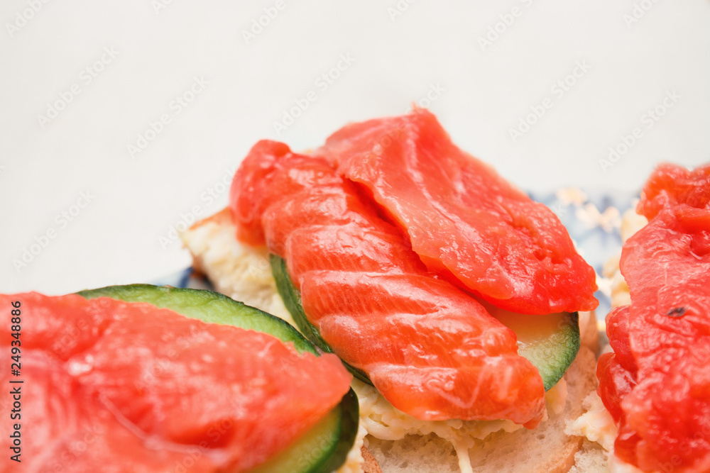 Sandwich with salmon and cucumber on a plate, selective focus Sandwich with salmon and cucumber on a plate, selective focus