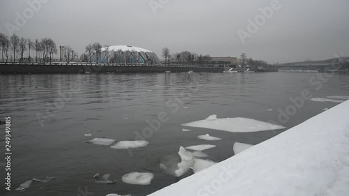 Winter cityscape in Moscow: Moskva river and Druzhba Arena (Luzhniki)