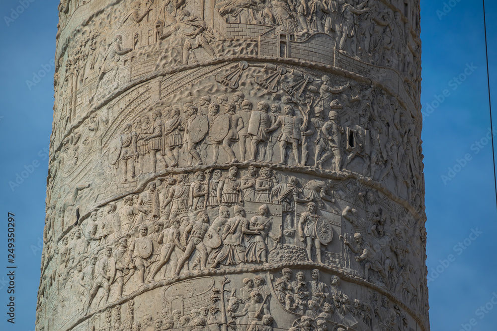 close up details of Trajan's Column in Rome, Italy