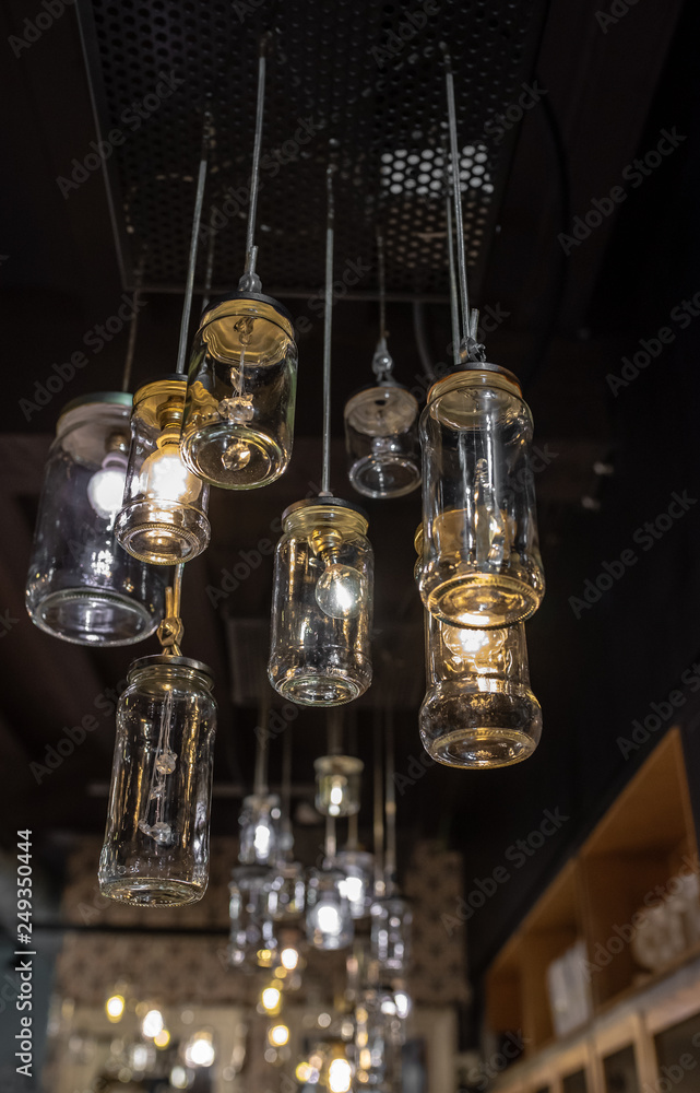 DIY light lamps made from glass jars at counter bar